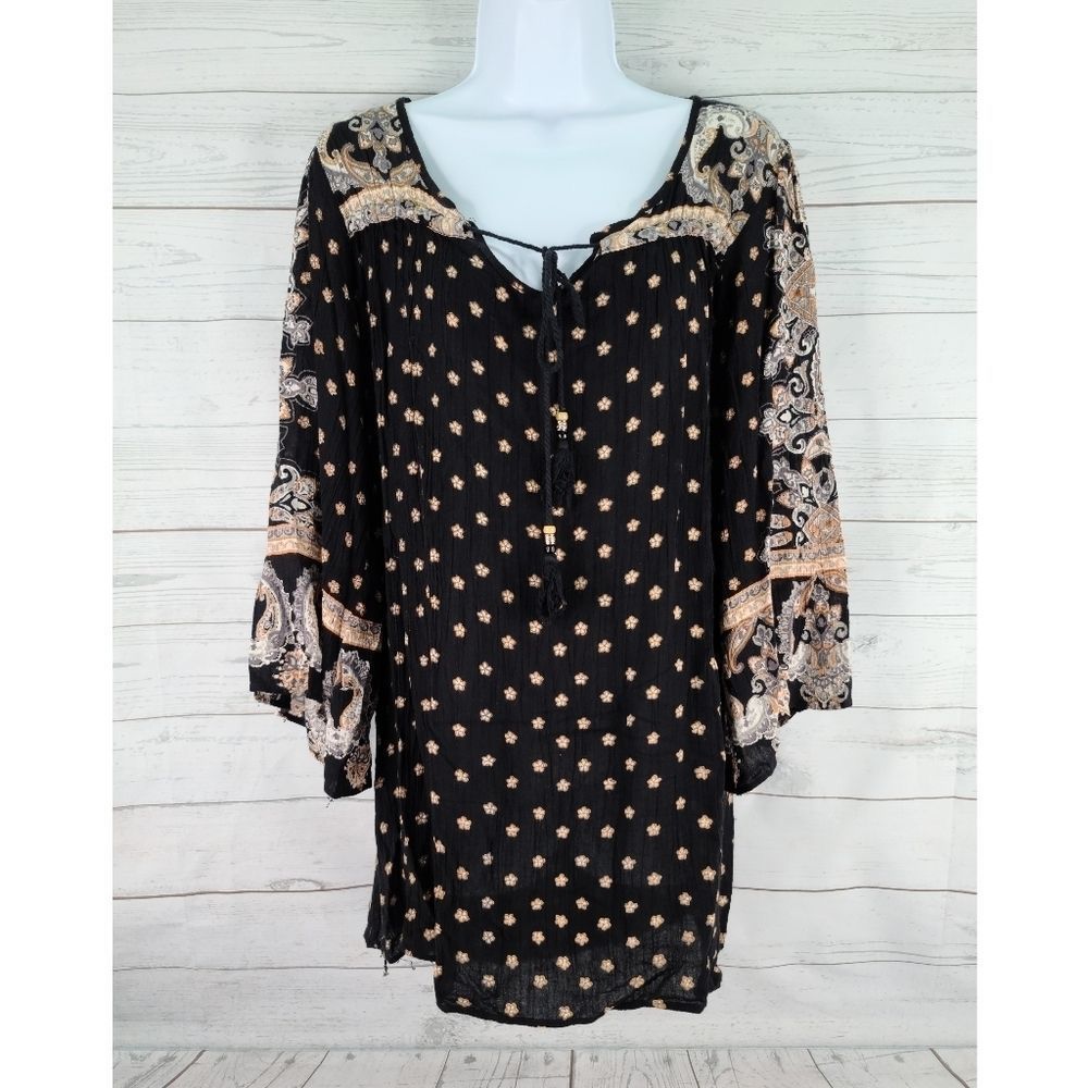 Angie Boho Peasant Blouse Black Floral Tassel